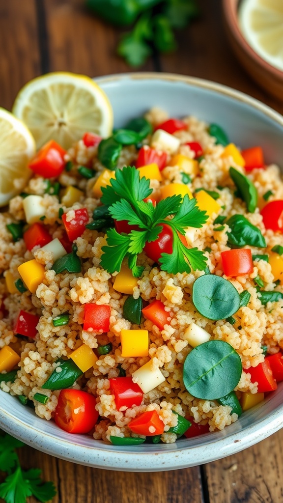 A bowl of colorful quinoa pilaf with bell peppers and spinach, garnished with parsley, and lemon wedges on a rustic wooden table.